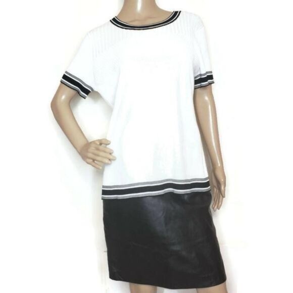 Karl Lagerfeld Paris NWT White & Black Knit Short-Sleeve Top Ribbed Trim Detail - Picture 3 of 12